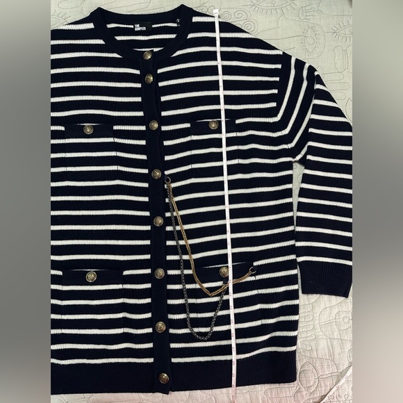 NWT The Kooples Striped Wool Cardigan Size 2 M Navy Cream Chain Oversized - Picture 14 of 14